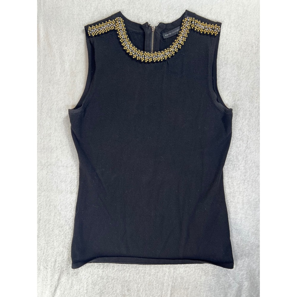 White House Black Market Black Sleeveless Beaded Neck Knit Top Small Zip Back